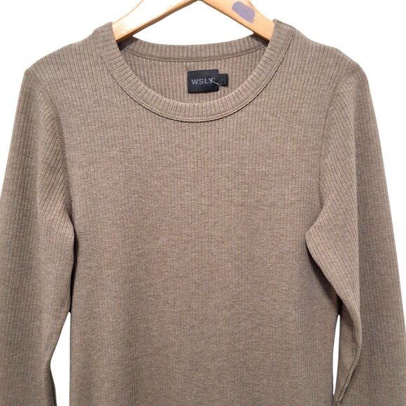 WSLY Ribbed Knit Bodycon Midi Dress Heathered Taupe Womens Sz L Minimalist - Picture 4 of 9